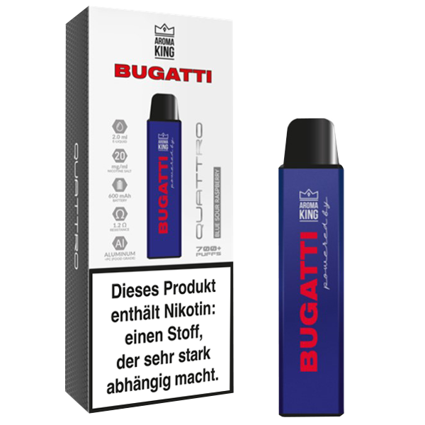 Aroma King Bugatti Quattro Blue Sour Raspberry 20mg Einweg-Vape mit kräftigem Fruchtgeschmack und 700 Zügen.
Aroma King Bugatti Quattro Blue Sour Raspberry 20mg Einweg-Vape mit kräftigem Fruchtgeschmack und 700 Zügen.