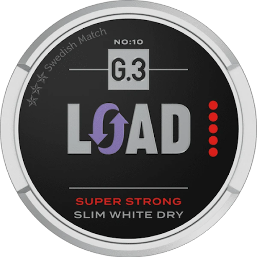 G.3 LOAD Slim White Dry Super Strong Snus – ultra strong snus with dry white slim pouches and bold flavor.
