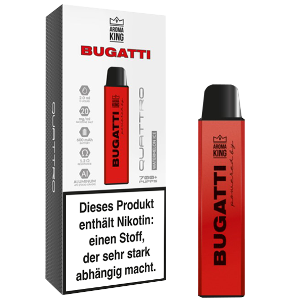 Aroma King Bugatti Quattro Watermelon Ice 20mg Einweg-Vape mit erfrischendem Wassermelonen- und Mentholgeschmack.
Aroma King Bugatti Quattro Watermelon Ice 20mg Einweg-Vape mit erfrischendem Wassermelonen- und Mentholgeschmack.