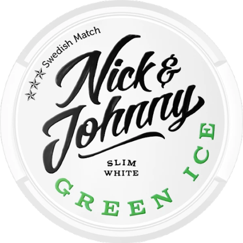 Nick & Johnny Green Ice Slim White snus with strong mint flavor and cooling sensation in slim format.
