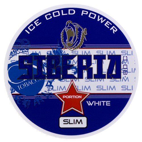 Siberia Blue White Slim Portion – extra strong snus with bold tobacco taste and cool mint in slim white pouches.
