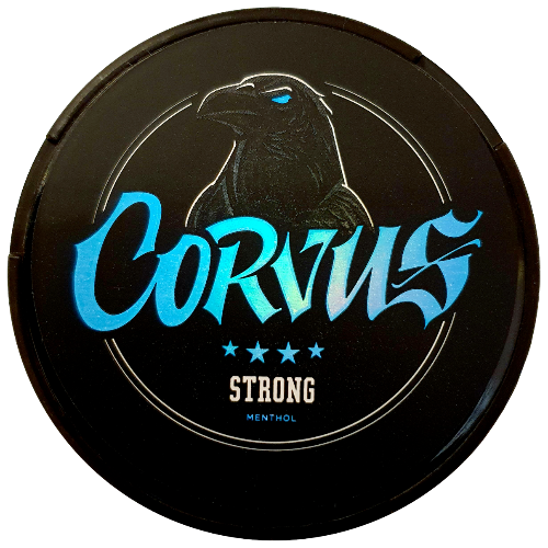 Corvus Strong – snus with refreshing mint and eucalyptus flavor, 20 mg nicotine per pouch.
