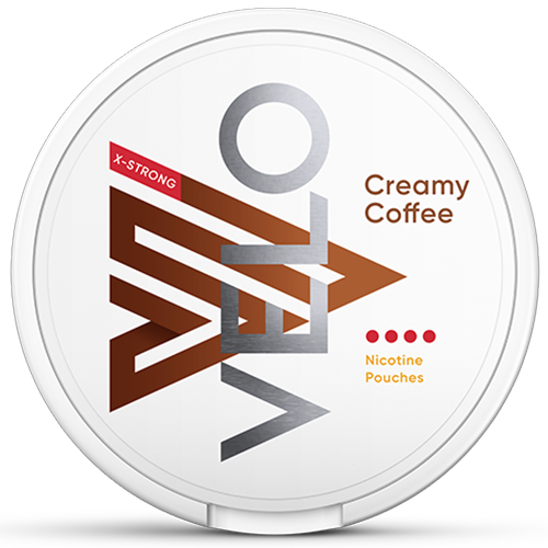 Velo Creamy Coffee X-Strong nicotine pouches with coffee, vanilla and hazelnut flavor and 15.5 mg/g strength
