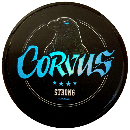 Corvus Strong – snus with refreshing mint and eucalyptus flavor, 20 mg nicotine per pouch.
