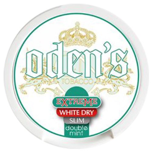 Odens Extreme White Dry Slim Double Mint snus with strong peppermint notes and higher nicotine content.
