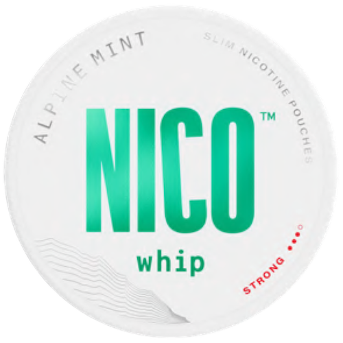 Nico Whip nicotine pouches with Swiss Menthol and eucalyptus flavor, white surface and 10 mg/g nicotine
