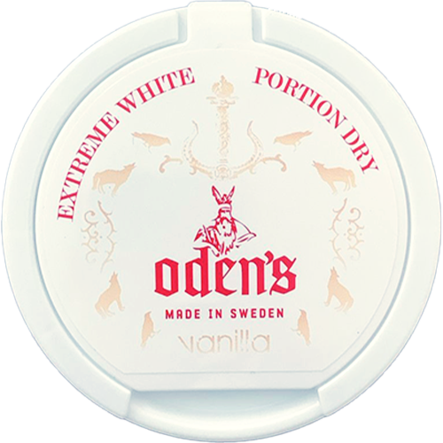 Odens Vanilla Portions snus with spicy tobacco and subtle vanilla notes in classic white pouches.
