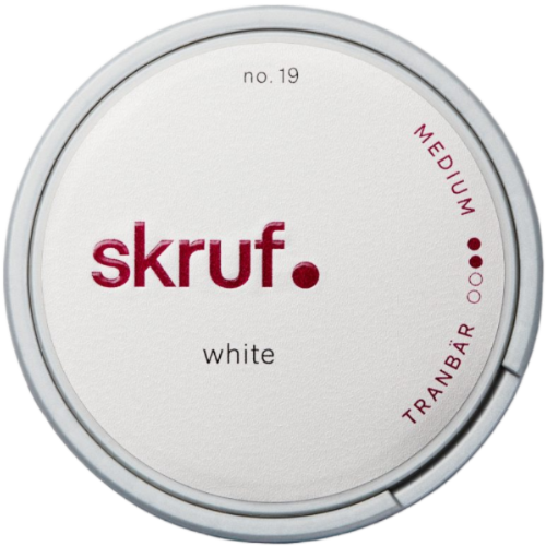 Skruf Tranbär White snus with refreshing cranberry flavor in white portions for a clean, lasting experience.
