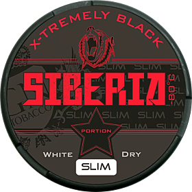 Siberia Black White Dry Portion Slim – 43 mg/g nicotine, pure tobacco flavor, discreet slim white pouches.
