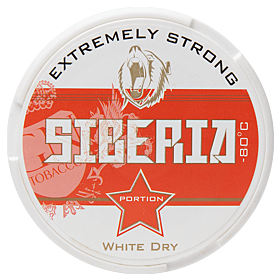 Siberia Red White Dry Portion snus with 43mg/g nicotine hit and refreshing menthol chill for max impact.
