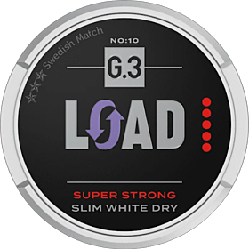 G.3 LOAD Slim White Dry Super Strong Snus – ultra strong snus with dry white slim pouches and bold flavor.
