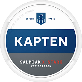 Kapten White Salmiak Extra Strong – bold salmiak flavor, classic tobacco taste and extra strong nicotine kick.
