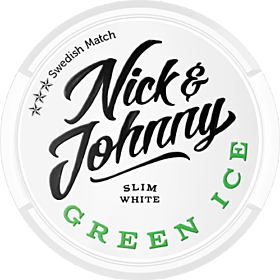 Nick & Johnny Green Ice Slim White snus with strong mint flavor and cooling sensation in slim format.
