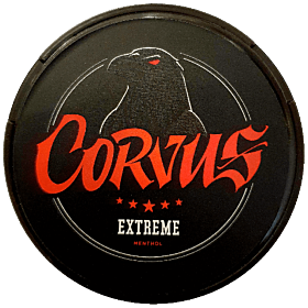 Corvus Extreme – extra strong snus with 44 mg/g nicotine and refreshing menthol flavor in white pouches.
