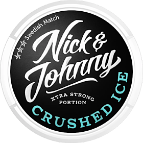Nick & Johnny Crushed Ice Xtra Strong Portion snus with mint, spicy tobacco and wintergreen notes
