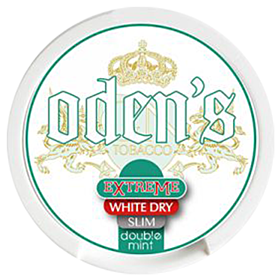 Odens Extreme White Dry Slim Double Mint snus with strong peppermint notes and higher nicotine content.
