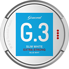 G.3 Slim White Extra Strong Blue Mint – powerful mint snus in slim white portions for a fresh and strong kick.
