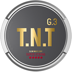 G.3 T.N.T Slim White Dry Super Strong – ultra strong snus with dry white slim pouches and bold refreshing taste.
