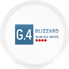 G.4 Blizzard Slim All White Blue Mint – refreshing mint snus in slim all white pouches with strong nicotine kick.

