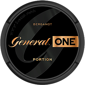 General ONE Original Portion Strong snus, 13 mg/g nicotine, subtle bergamot aroma, Swedish Match quality.

