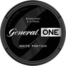 General ONE White Portion Strong snus with tobacco flavour, bergamot and citrus in dry white pouches.
