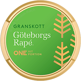 Göteborgs Rapé ONE Granskott White Portion Strong snus, 13 mg/g nicotine, classic tobacco aroma, Swedish Match.

