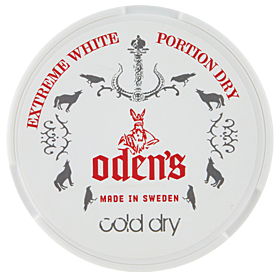 Oden's Cold Extreme White Dry Snus – extra strong 22 mg/g nicotine, cool mint and menthol flavor, dry portion.
