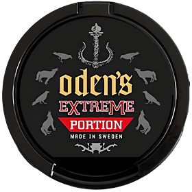 Odens Extreme Portion snus with extra strong nicotine, bold tobacco taste and a hint of fresh mint.
