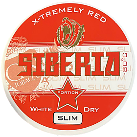 Siberia Red White Dry Slim Portion – extra strong snus with bold tobacco taste and icy mint in slim white dry pouches.
