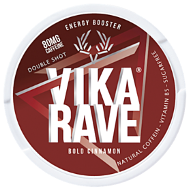 Vika Rave Double Bold Cinnamon caffeine pouches, nicotine-free, spicy cinnamon energy boost
