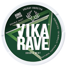 Vika Rave Double Mint caffeine pouches, nicotine-free, refreshing mint energy boost
