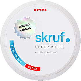 Skruf Superwhite Fresh Freeze Ultra Strong nicotine pouches with intense menthol and cooling effect – ultra strong Swedish tobacco-free snus alternative in white and blue round can