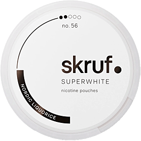 Skruf Superwhite No.56 Nordic Liquorice nicotine pouches with bold Nordic liquorice flavor – premium Swedish tobacco-free snus alternative in black and white round can