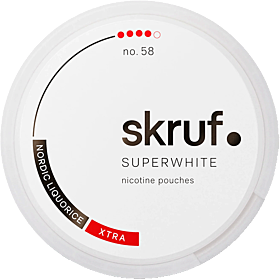 Skruf Superwhite No.58 Nordic Liquorice X Strong nicotine pouches with bold Nordic liquorice flavor – extra strong Swedish tobacco-free snus alternative in black and red round can