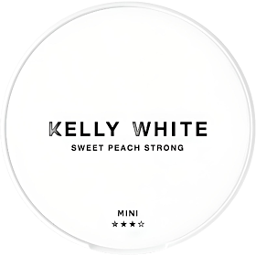 Kelly White Sweet Peach Strong Mini nicotine pouches with rich fruity peach flavor and strong strength
