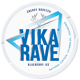 Vika Rave Blueberry Ice nicotine-free pouches with refreshing blueberry flavor, mint hint, and caffeine kick.
