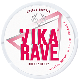 Vika Rave Cherry Berry nicotine-free pouches with refreshing cherry and berry flavor plus strong caffeine kick.
