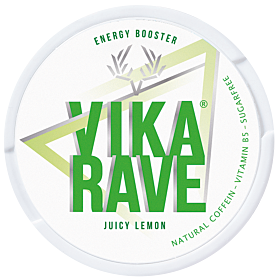 Vika Rave Juicy Lemon nicotine-free pouches with tangy lime flavor and strong caffeine kick for pure energy.
