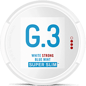 G.3 Super Slim White Strong Blue Mint – cool blue mint flavor in discreet super slim white pouches for a fresh kick.
