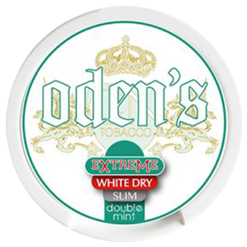 Odens Extreme White Dry Slim Double Mint snus with strong peppermint notes and higher nicotine content.
