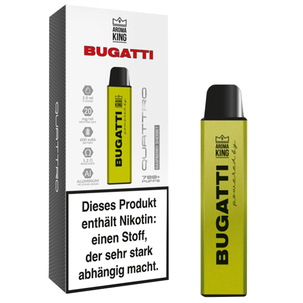 Aroma King Bugatti Quattro Raspberry Sherbet 20mg disposable vape with fruity raspberry flavor and 700 puffs.

