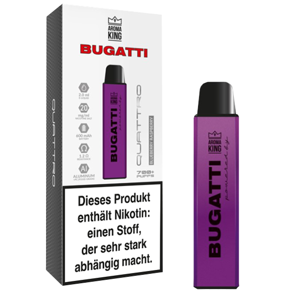 Aroma King Bugatti Quattro Blueberry Raspberry 20mg Einweg-Vape mit fruchtigem Geschmack und 700 Zügen.