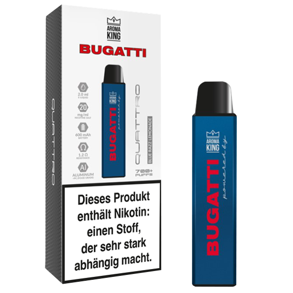 Aroma King Bugatti Quattro Blue Razz Lemonade 20mg Einweg-Vape mit kräftigem Fruchtgeschmack und Bugatti Stil.
Aroma King Bugatti Quattro Blue Razz Lemonade 20mg Einweg-Vape mit kräftigem Fruchtgeschmack und Bugatti Stil.