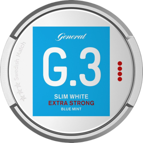 G.3 Slim White Extra Strong Blue Mint – powerful mint snus in slim white portions for a fresh and strong kick.
