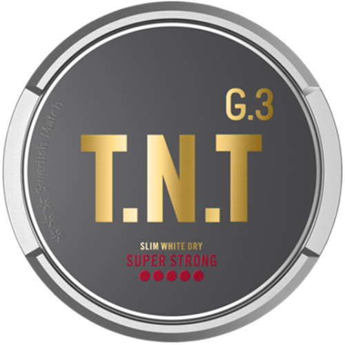 G.3 T.N.T Slim White Dry Super Strong – ultra strong snus with dry white slim pouches and bold refreshing taste.
