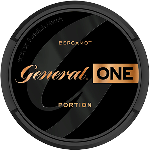General ONE Original Portion Strong snus, 13 mg/g nicotine, subtle bergamot aroma, Swedish Match quality.
