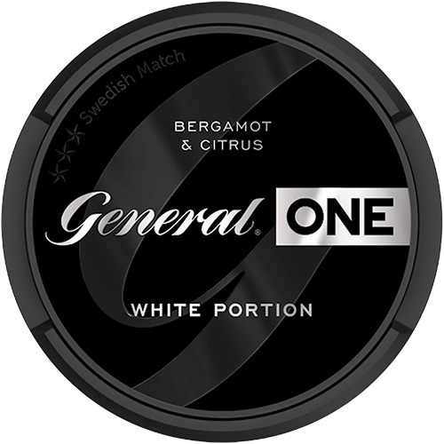 General ONE White Portion Strong snus with tobacco flavour, bergamot and citrus in dry white pouches.
