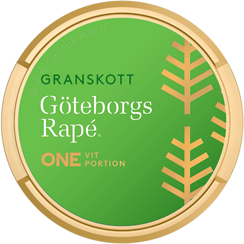 Göteborgs Rapé ONE Granskott White Portion Strong snus, 13 mg/g nicotine, classic tobacco aroma, Swedish Match.
