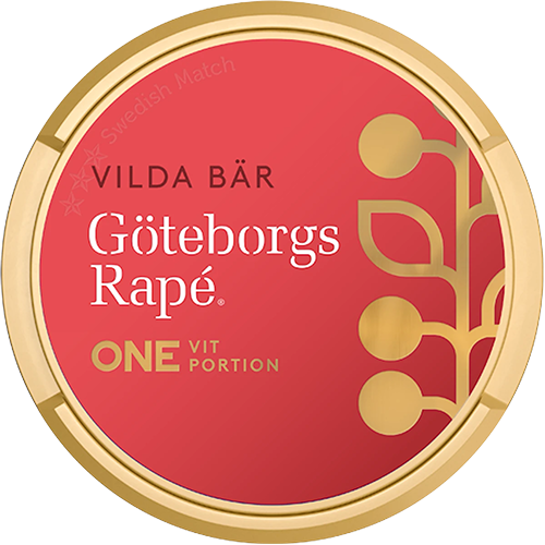 Göteborgs Rapé ONE Vilda Bär White Portion Strong snus, 13 mg/g nicotine, fruity berry aroma, Swedish Match.
