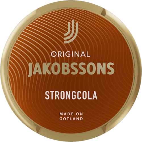 Jakobssons Strong Cola snus with sweet cola flavor, citrus notes, and extra nicotine strength.
